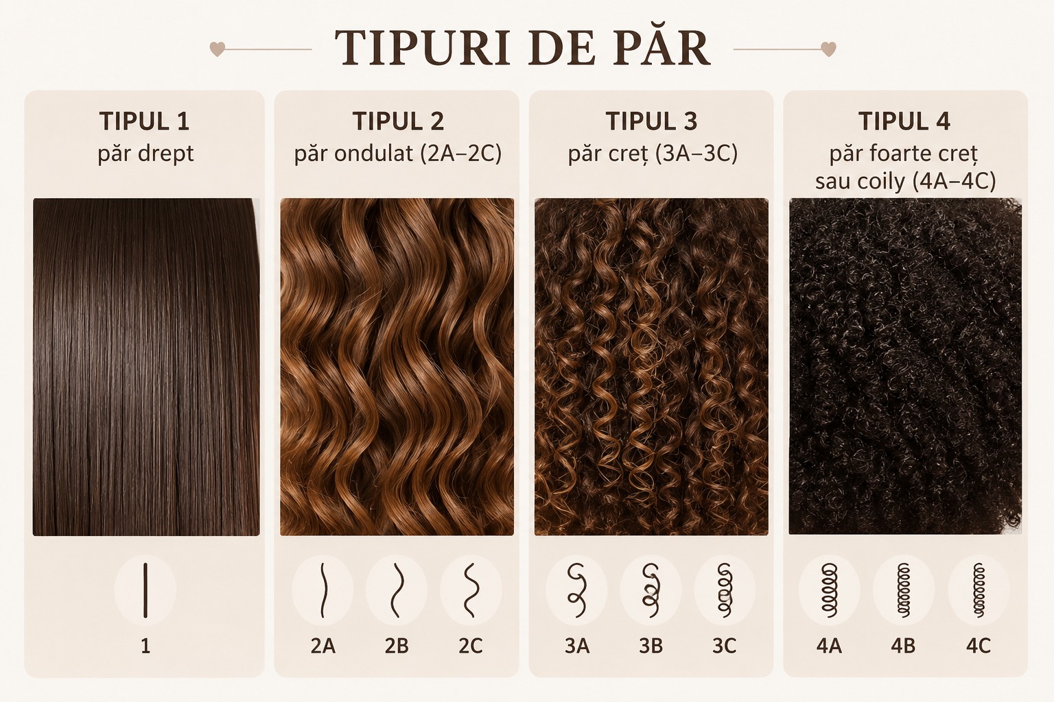 Tipuri de păr ilustrate: păr drept, păr ondulat, păr creț și păr foarte creț sau coily, cu exemple pentru clasificările 2A-2C, 3A-3C și 4A-4C.
