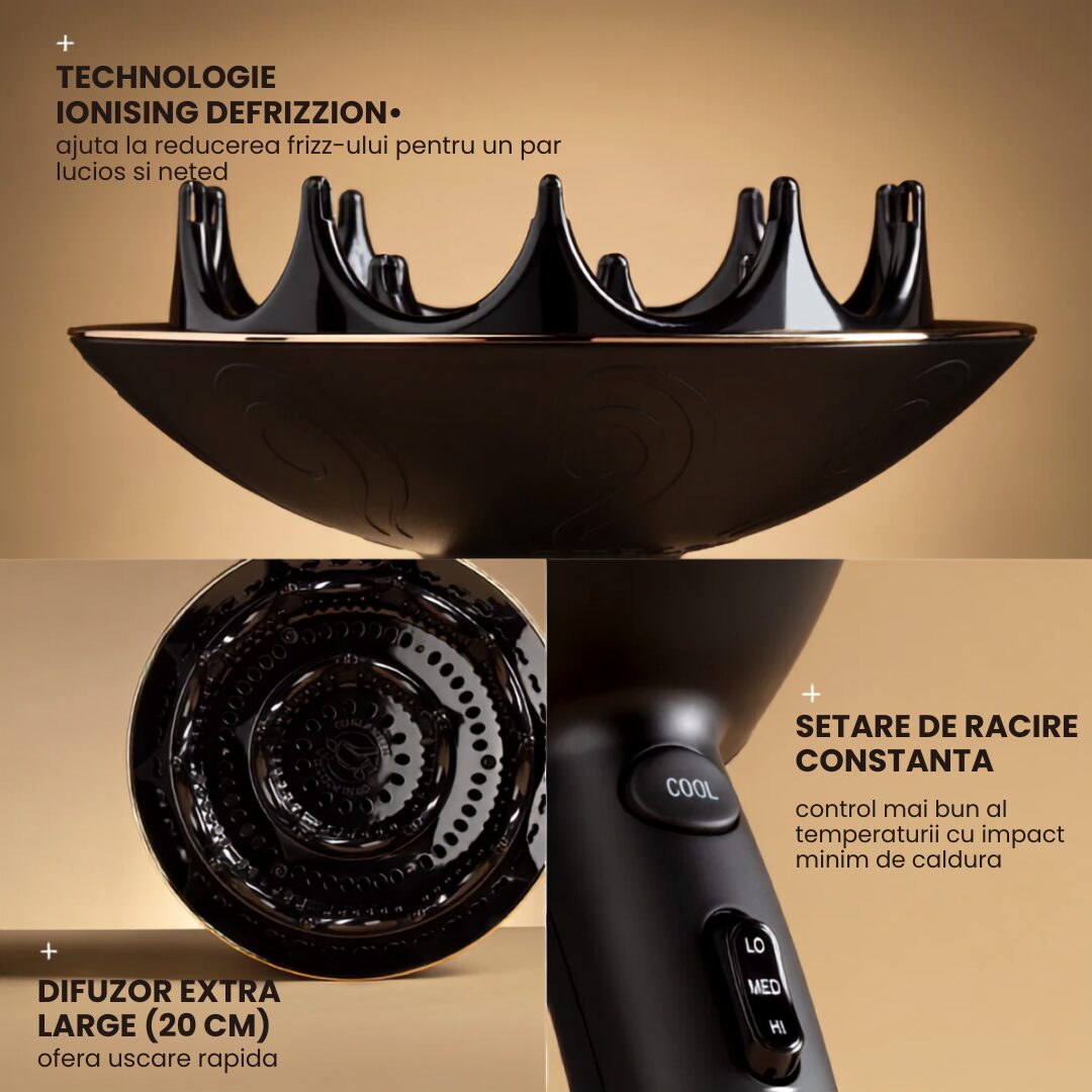Curlsmith Defrizzion Dryer & XXL Diffuser, uscator de par antifrizz cu difuzor XXL 20 cm, 2000 W - imagine 4